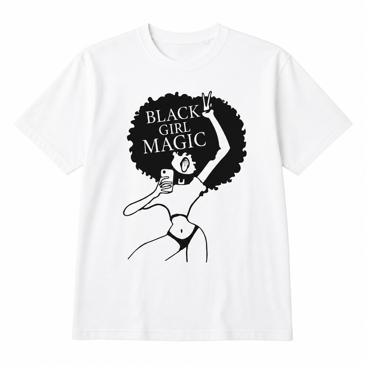 White t-shirt with 'Black Girl Magic' graphic design on a white background