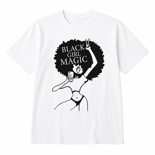 White t-shirt with 'Black Girl Magic' graphic design on a white background