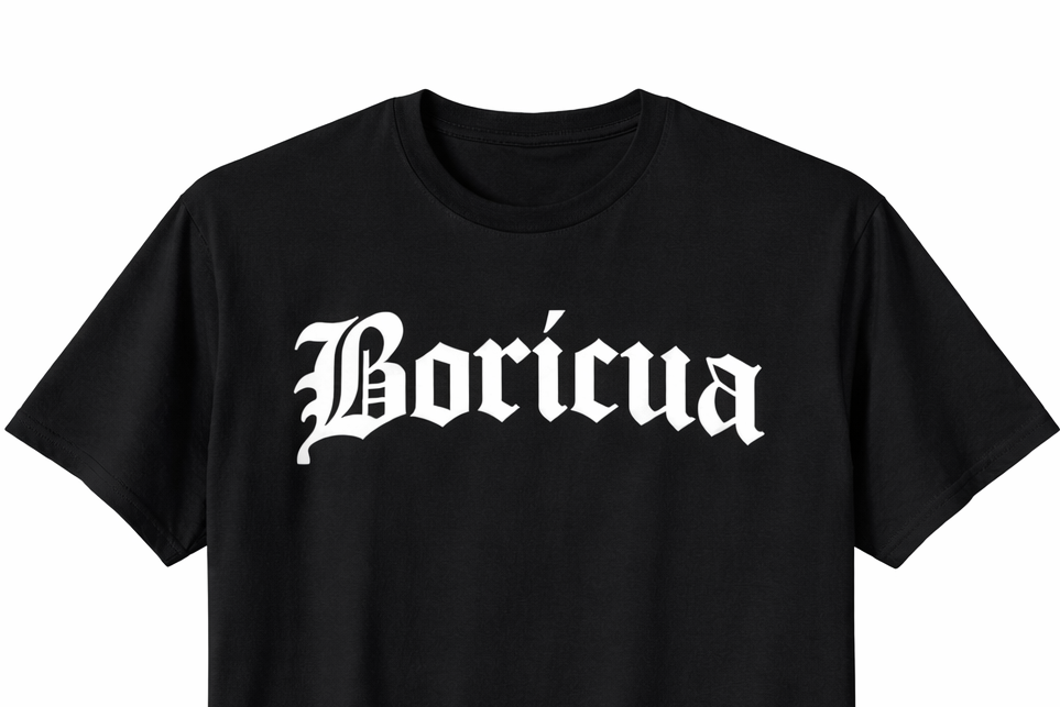 Black t-shirt with 'Boricua' printed in white on a white background