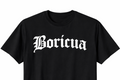 Black t-shirt with 'Boricua' printed in white on a white background