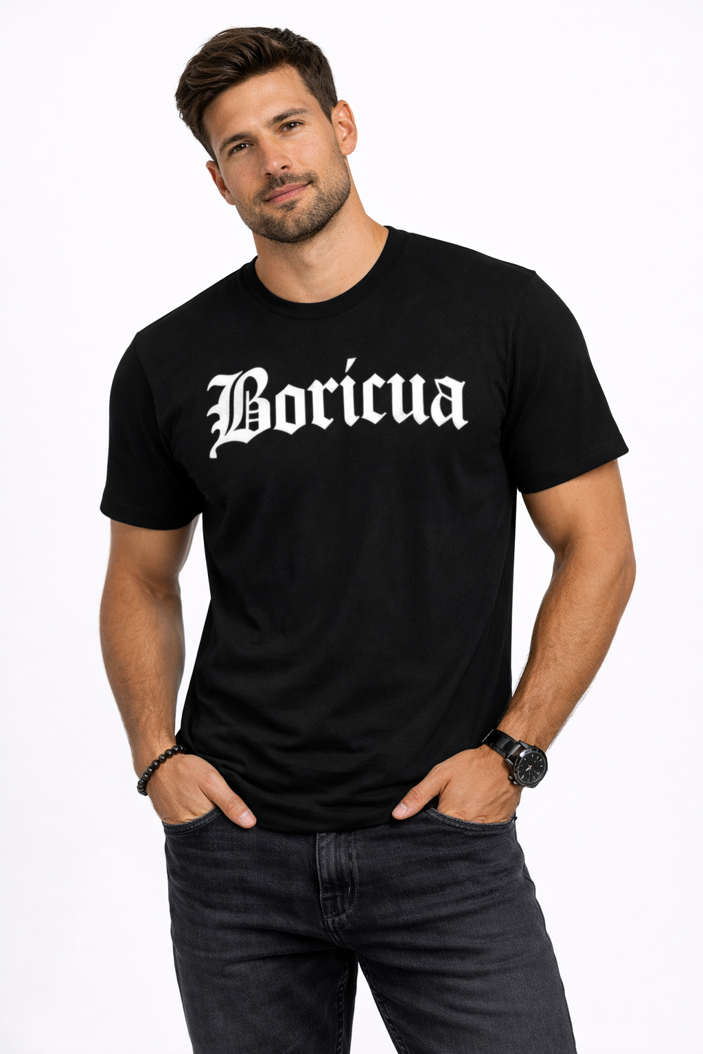Black t-shirt with “Boricua” in gothic lettering, Puerto Rican pride graphic tee for men, casual streetwear style