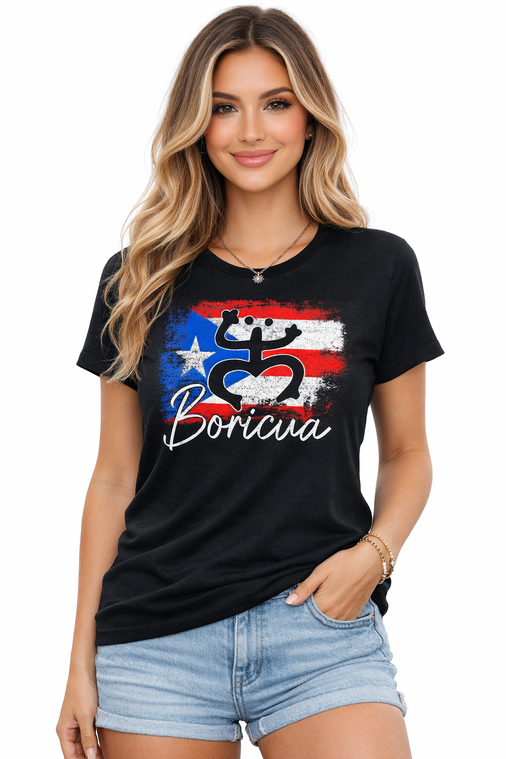 Women’s black t-shirt with Boricua coquí and Puerto Rico flag design, stylish Puerto Rican pride graphic tee for women