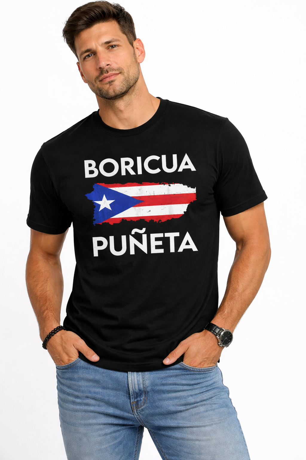 Black t-shirt with “Boricua Puñeta” and Puerto Rico flag design, bold Puerto Rican pride graphic tee for men and women