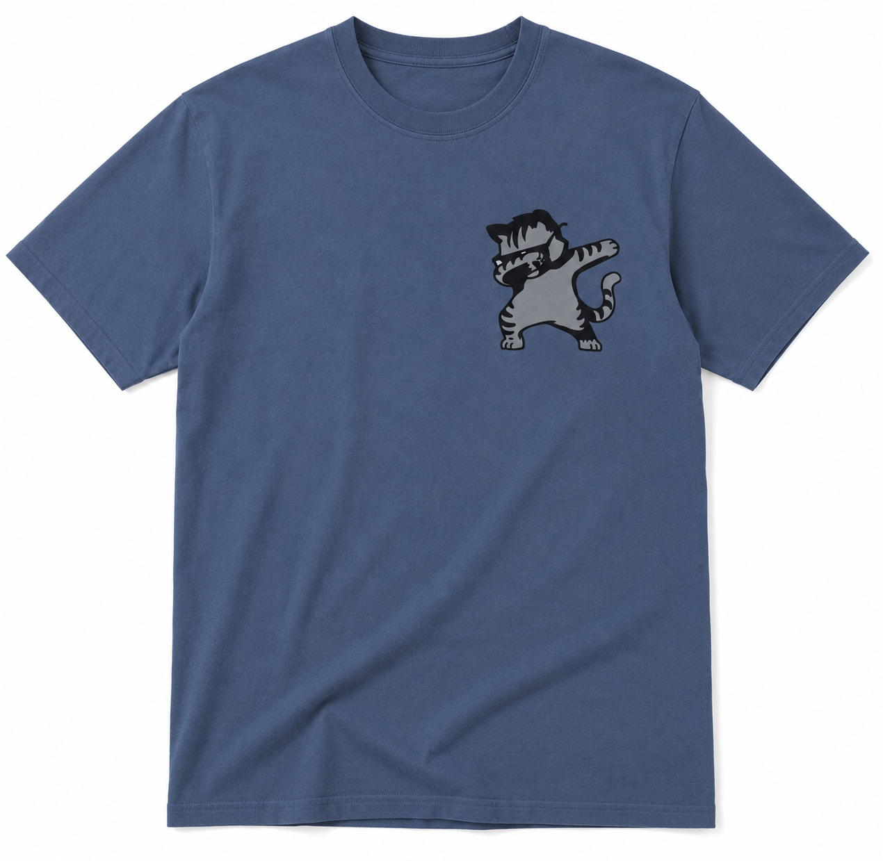 Blue t-shirt with a raccoon graphic on a white background