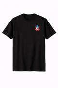 Black t-shirt with a colorful puerto rican coqui graphic on the left chest against a white background