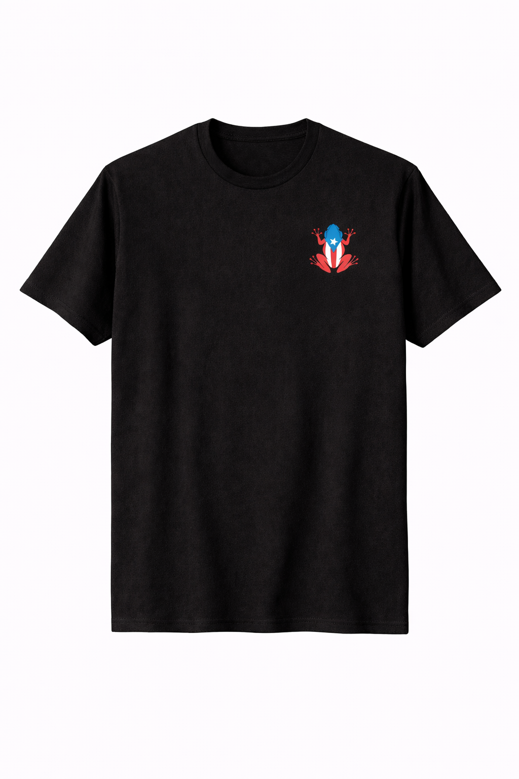 Black t-shirt with a colorful puerto rican coqui graphic on the left chest against a white background
