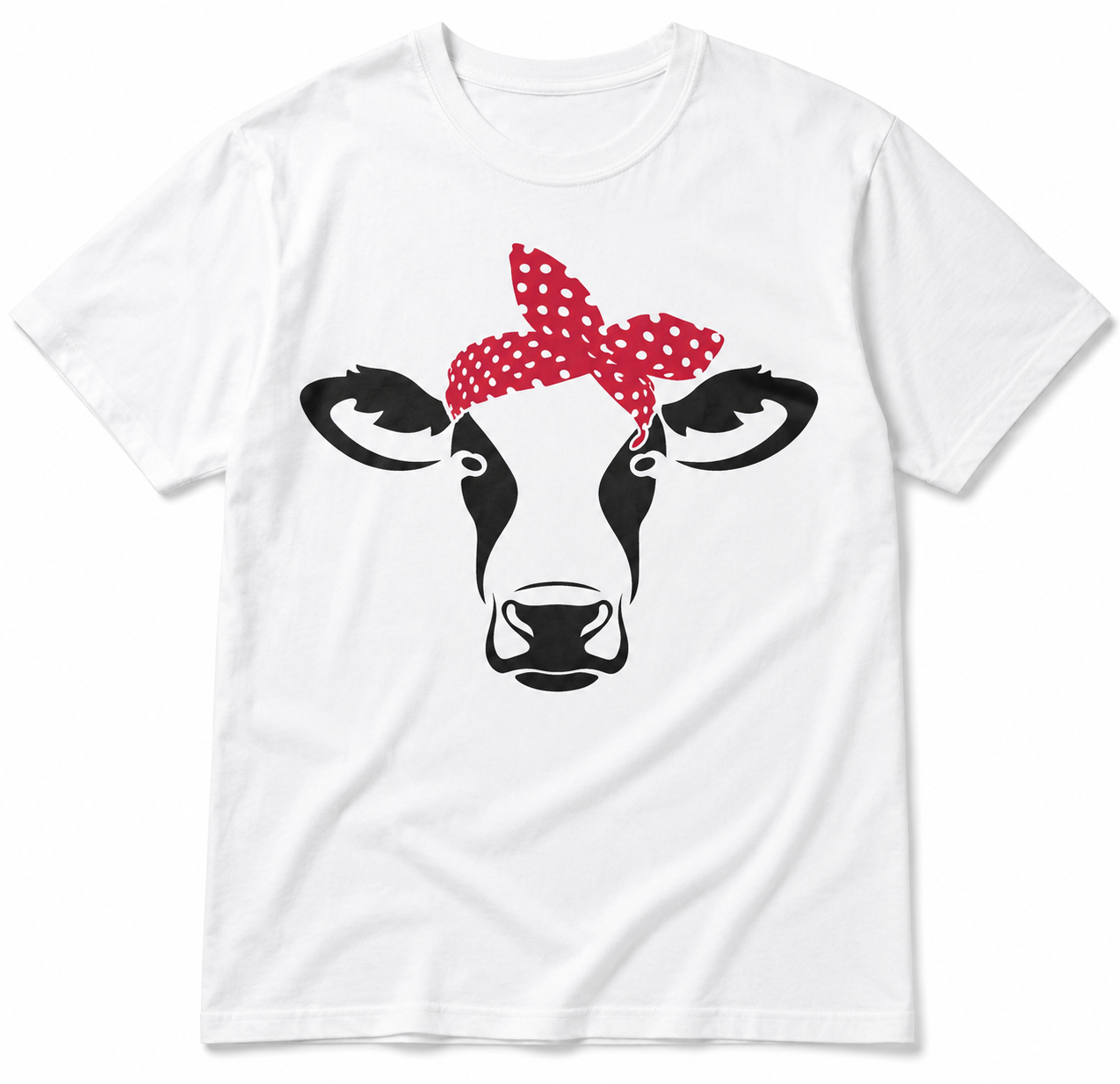 White t-shirt with a cow wearing a red bandana design on a white background