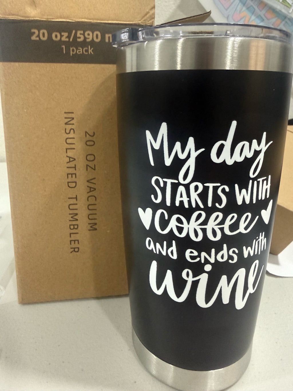 Custom 20oz skinny tumbler personalized with uploaded design, includes lid 