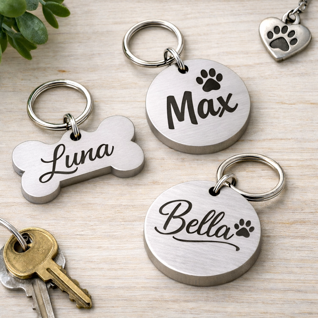 Pet ID tags with engraved names 'Luna', 'Max', and 'Bella' on a wooden surface.