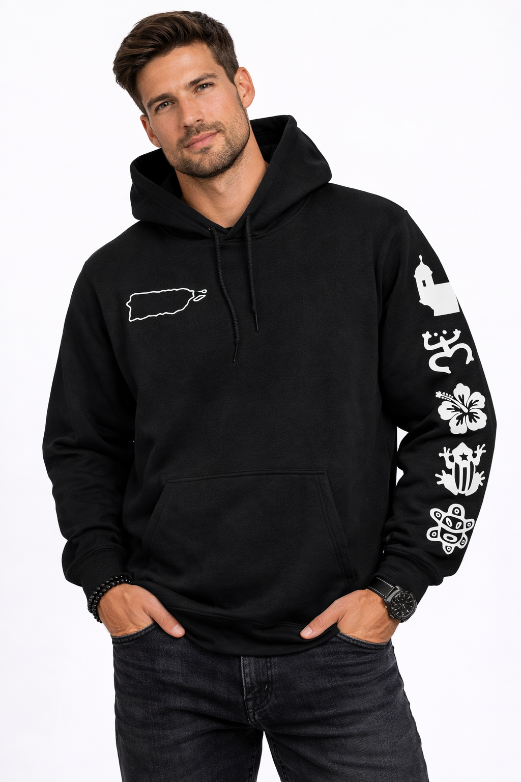 Black and red Puerto Rican hoodie with Taino symbols on sleeve, Boricua heritage streetwear hoodie for men and women