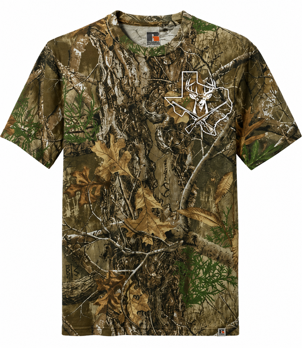 Camouflage t-shirt with a deer logo on a white background