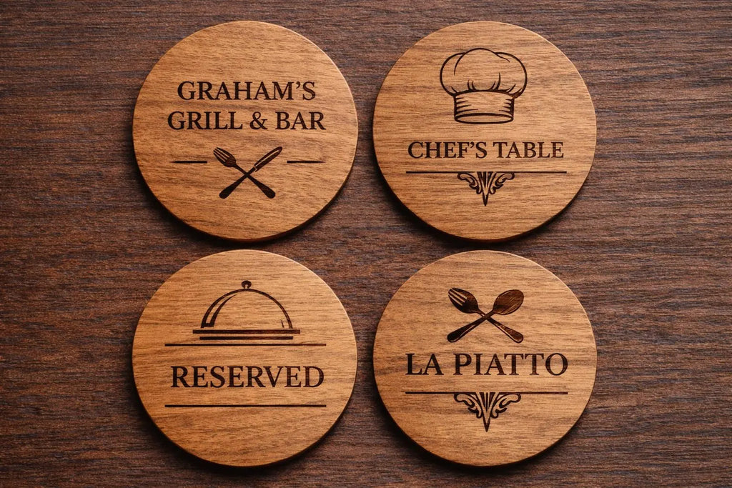 Four wooden coasters with engraved text and symbols on a wooden surface