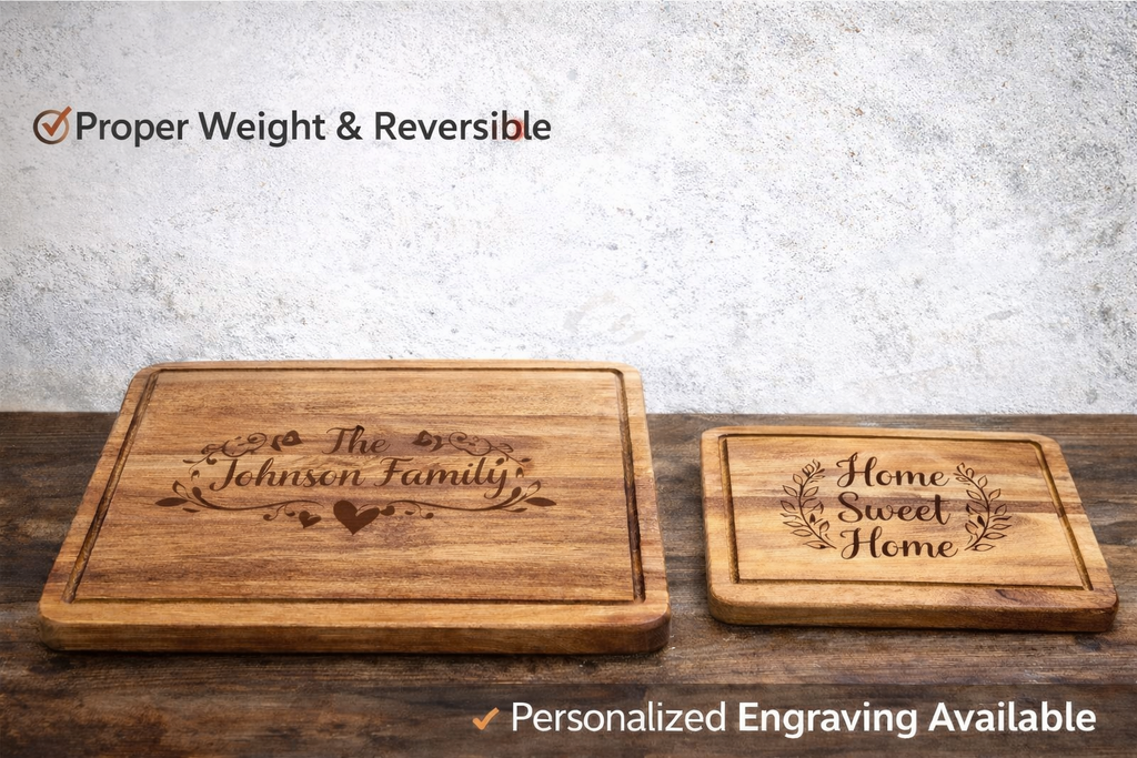 Two wooden cutting boards with engraved text on a wooden surface.