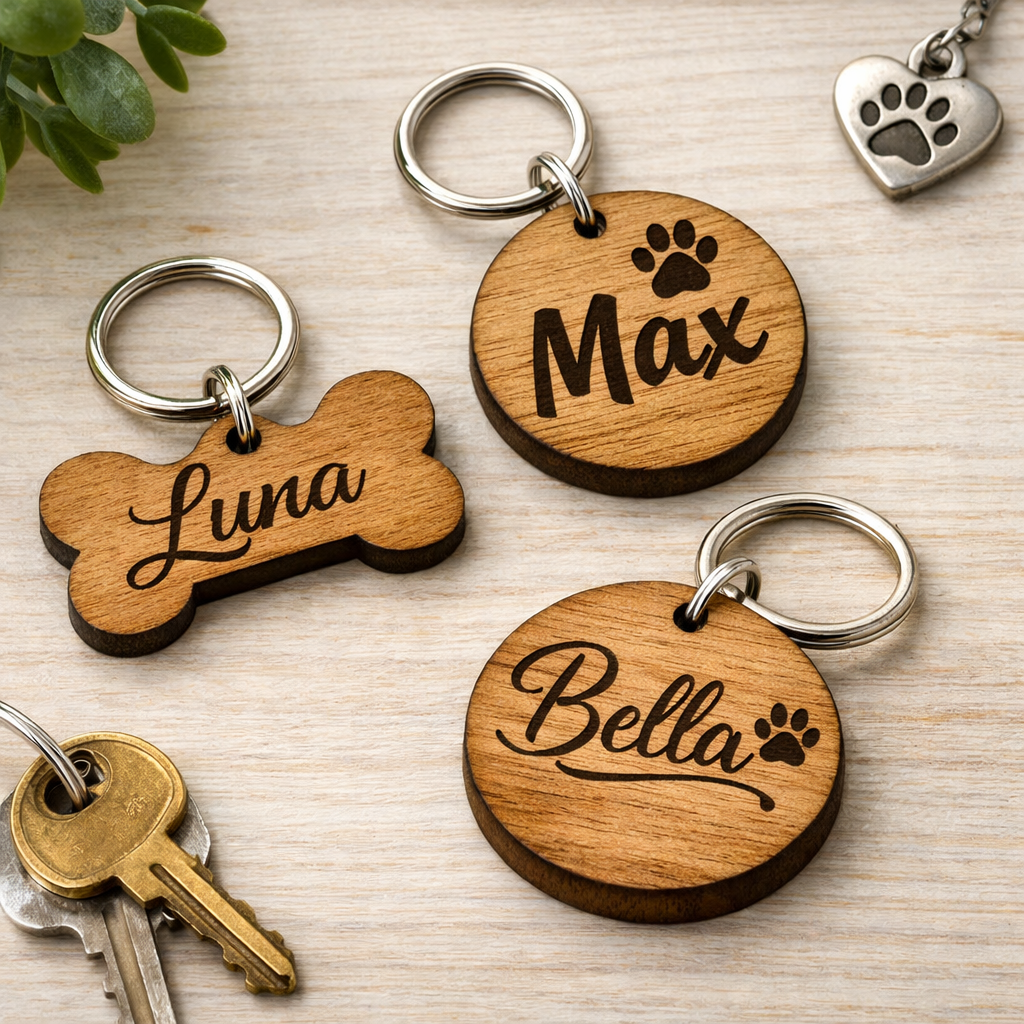 Wooden pet tags with engraved names on a wooden surface