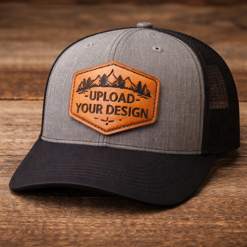 Gray and black cap with leather patch on a wooden surface