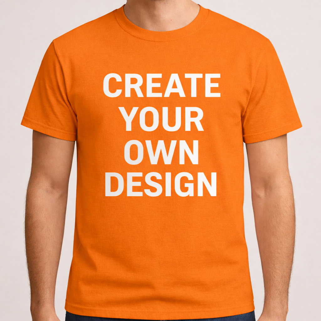 Orange t-shirt with 'CREATE YOUR OWN DESIGN' text on a plain background