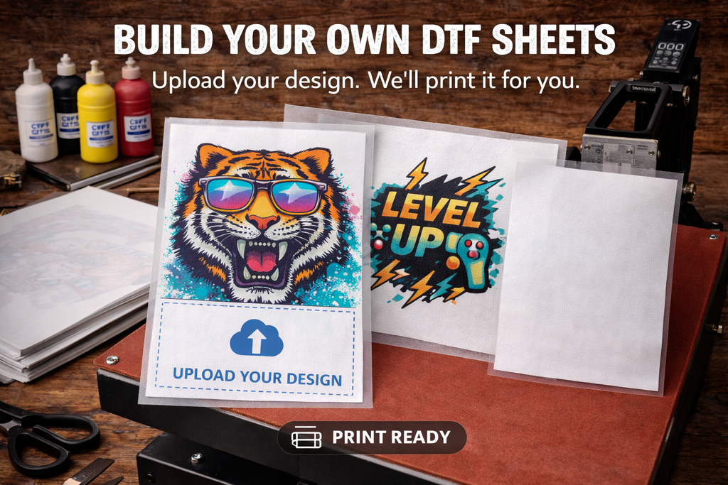 DTF sheets with tiger design and text 'Build your own DTF sheets' on a printing setup.