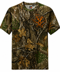 Custom printed Russell Outdoors Realtree camo T-shirt with orange deer and Texas design on chest