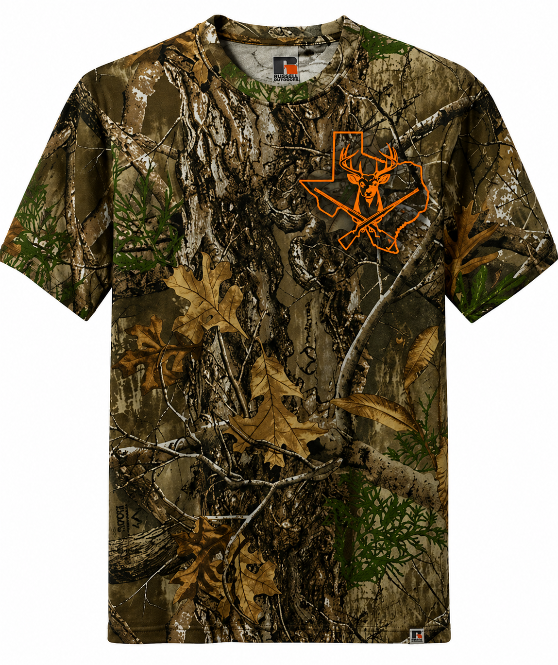 Custom printed Russell Outdoors Realtree camo T-shirt with orange deer and Texas design on chest
