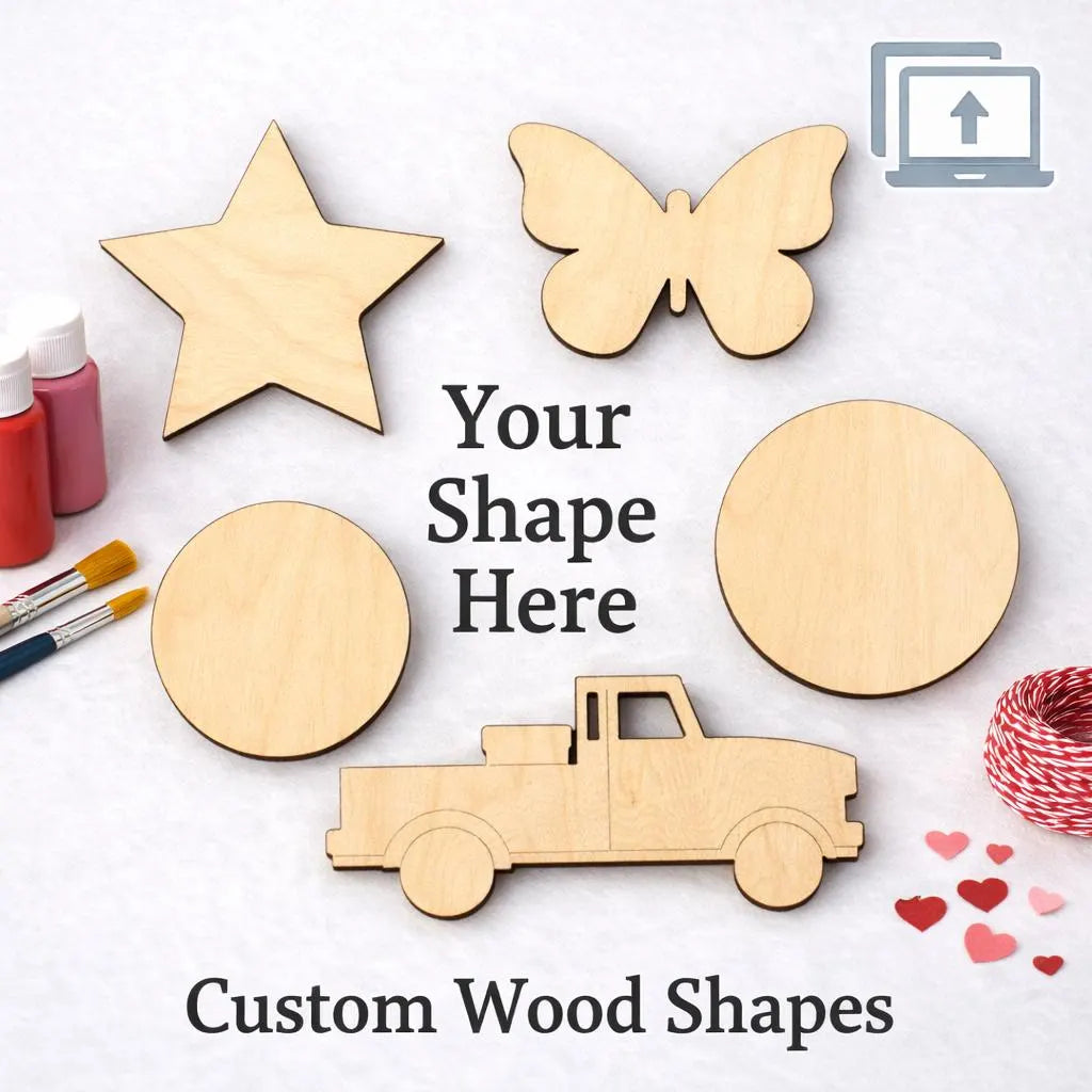 Wooden shapes including a star, butterfly, truck, and circles on a white background with paint bottles and brushes.
