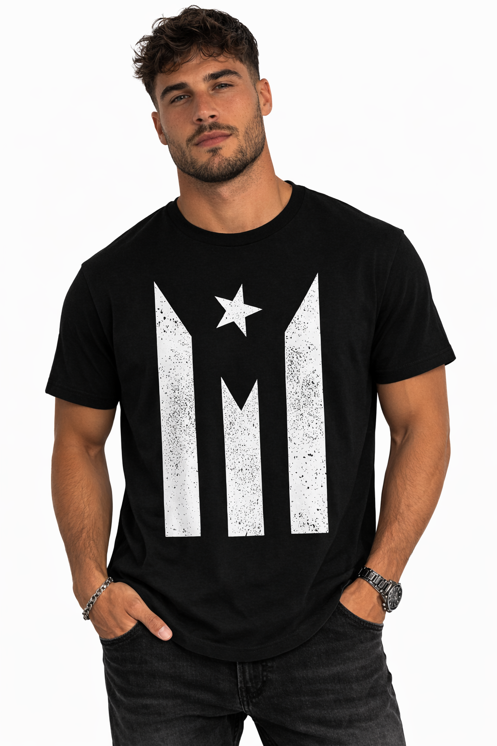 Black t-shirt with distressed Puerto Rico flag in white design, Boricua pride graphic tee for men and women
