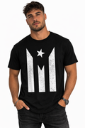 Black t-shirt with distressed Puerto Rico flag in white design, Boricua pride graphic tee for men and women