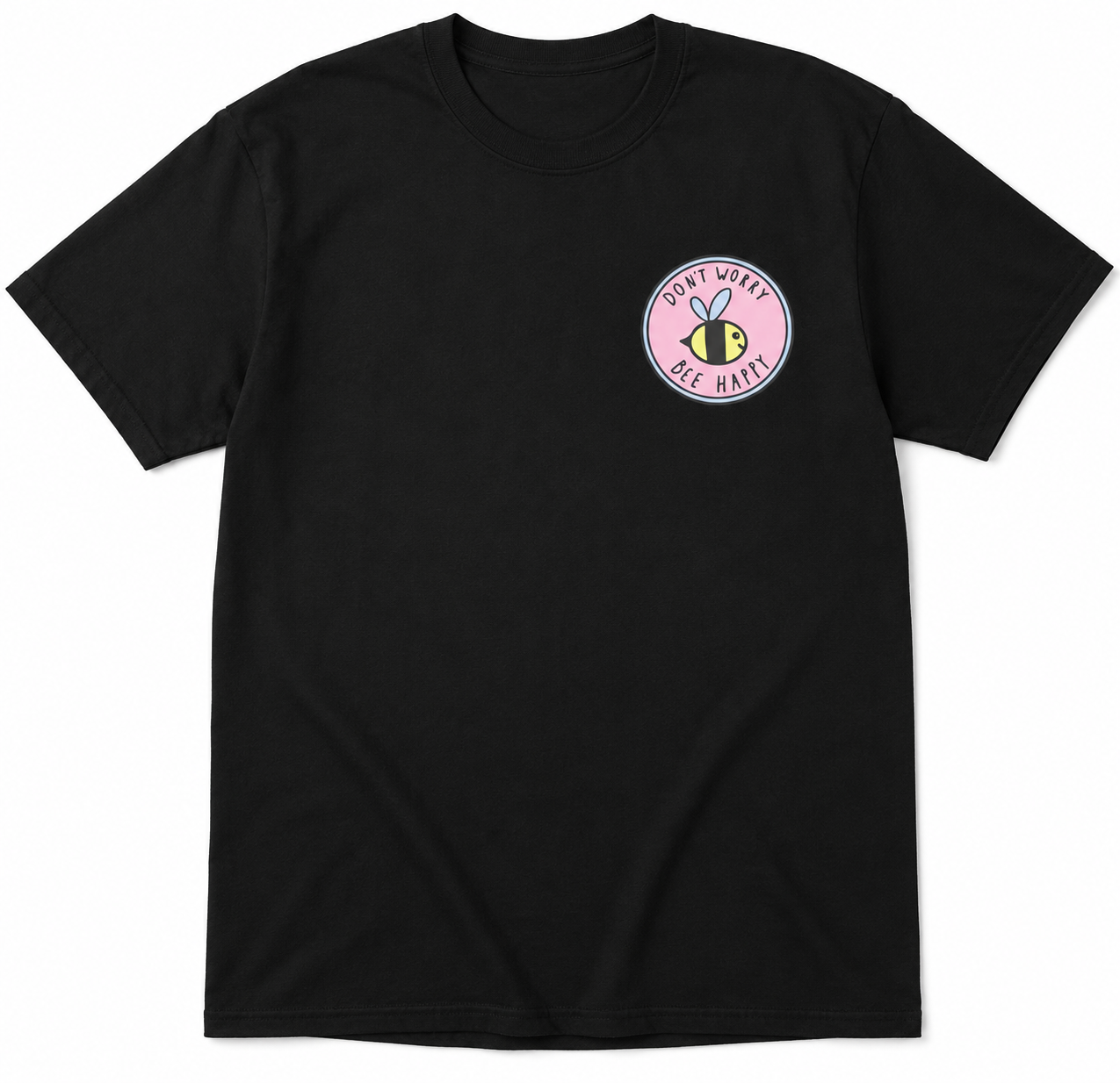Don’t Worry Bee Happy Graphic Tee – Cute Left Chest Black T-Shirt