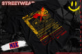 A black graphic t-shirt featuring a yellow and red sneaker-inspired print with text and logos, displayed on a dark illustrated background with 'STREETWEAR' and 'MIX' graphic overlays.