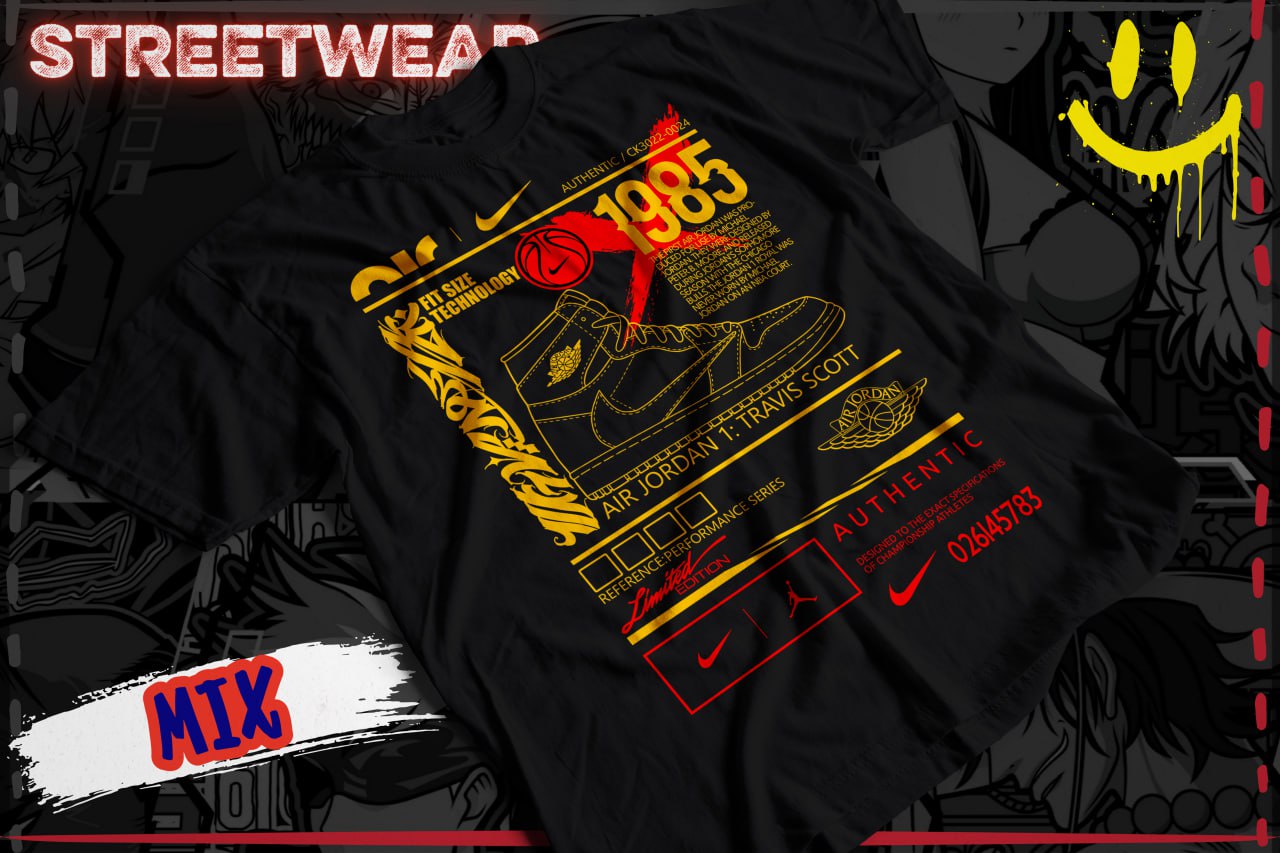 A black graphic t-shirt featuring a yellow and red sneaker-inspired print with text and logos, displayed on a dark illustrated background with 'STREETWEAR' and 'MIX' graphic overlays.