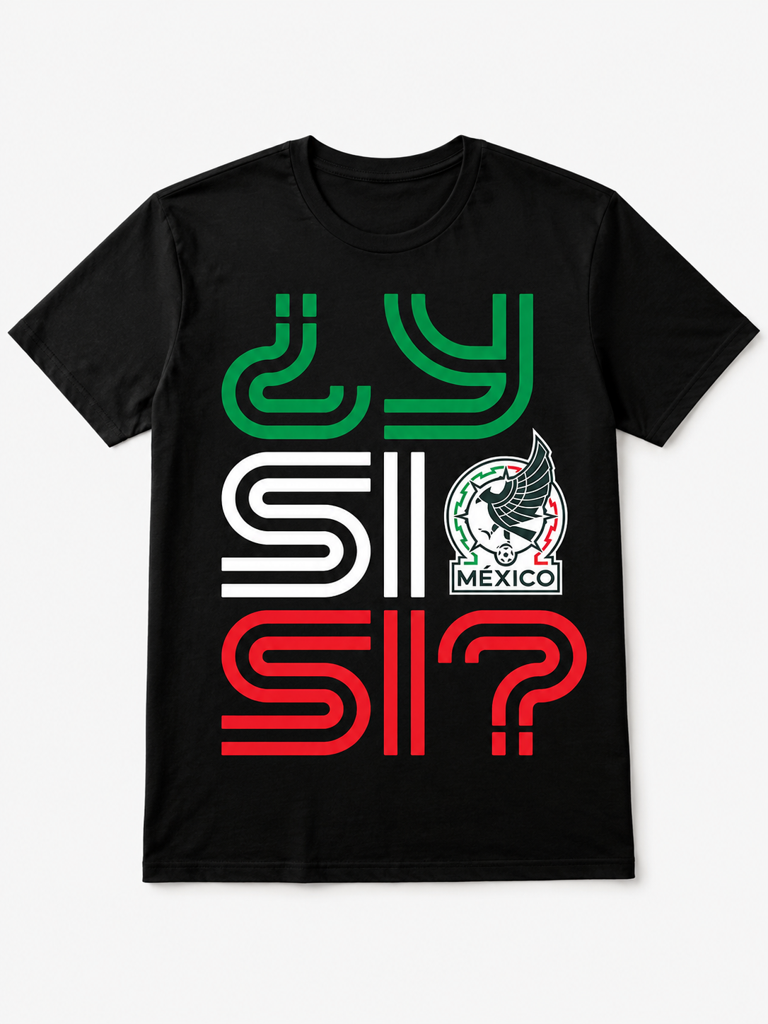 Mexico Soccer Fan T-Shirt with green white and red graphic design on a black unisex cotton shirt