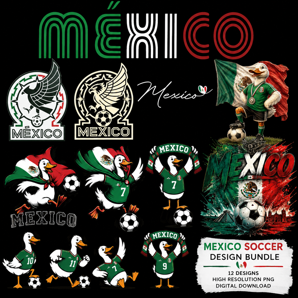 Mexico Soccer SVG & PNG Design Bundle | 12 High-Resolution Mexico Football Digital Downloads for T-Shirts, DTF, Sublimation & Cricut