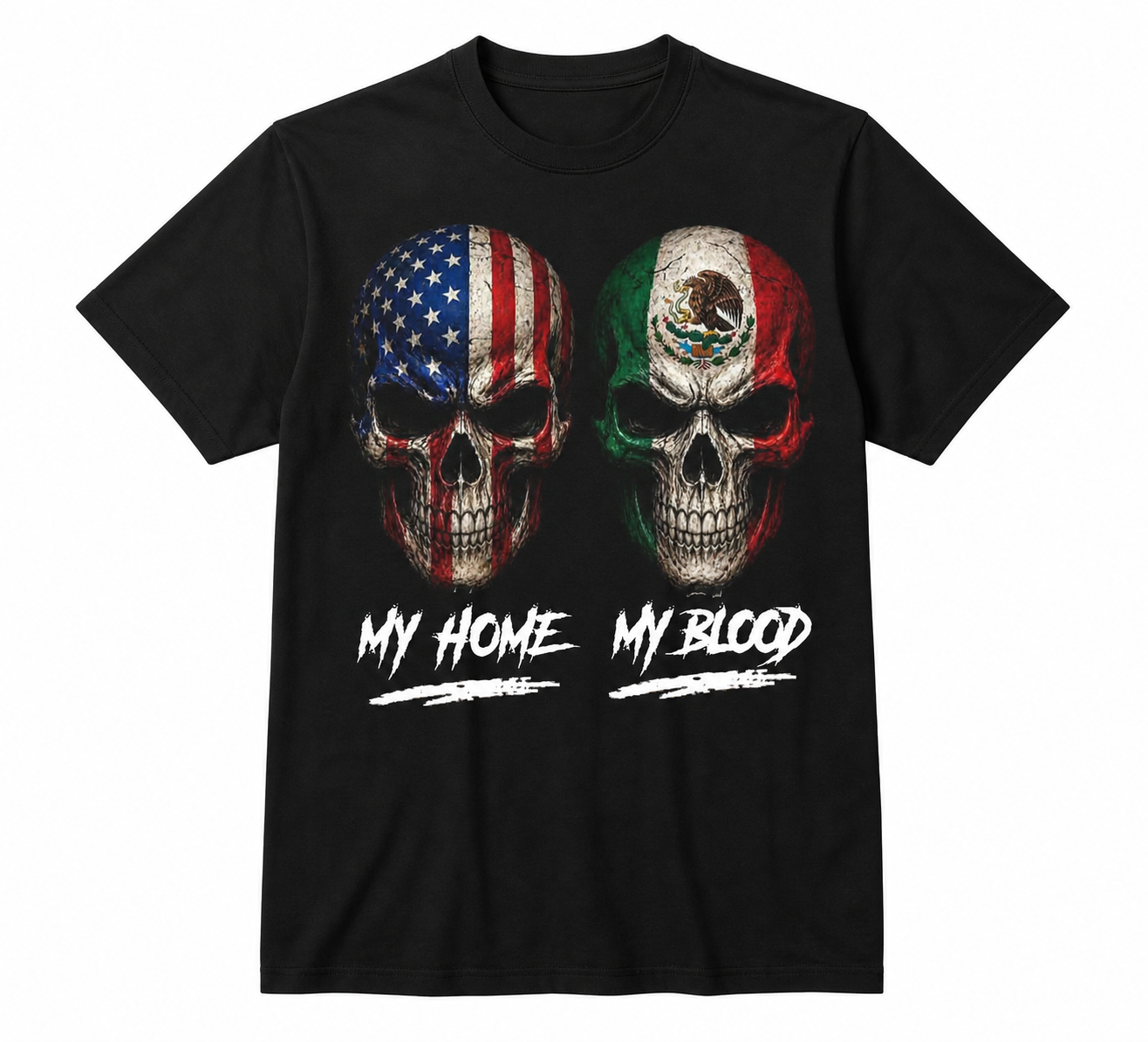 My Home My Blood Skull T-Shirt – USA Mexico Flag Graphic Tee, Hispanic Heritage Shirt, Streetwear Skull Design