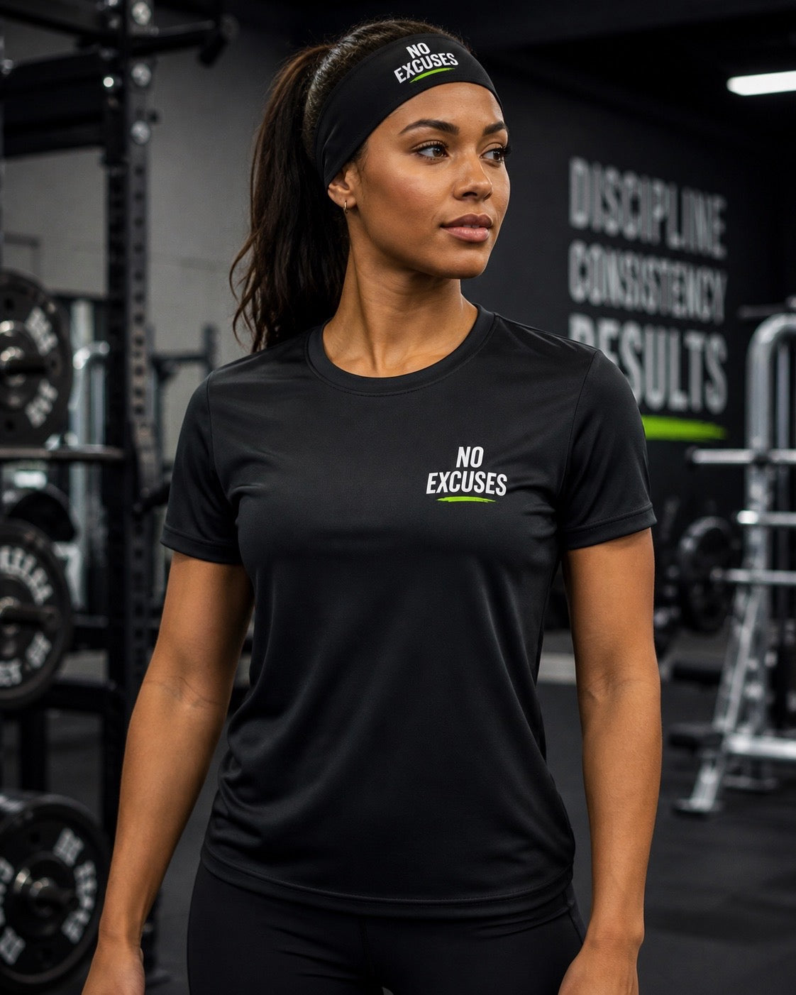 Woman wearing a black 'No Excuses' t-shirt in a gym setting