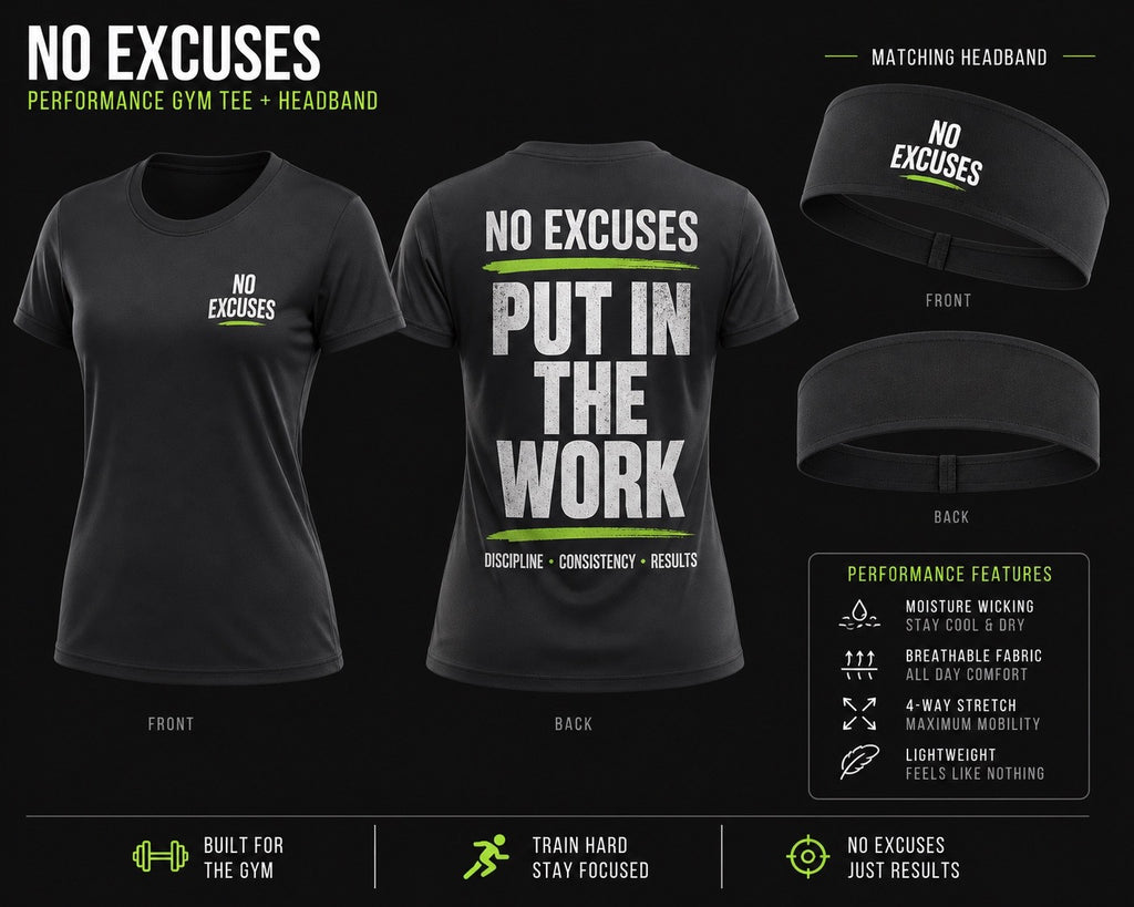 Black gym tee and headband set with 'No Excuses' text on a black background