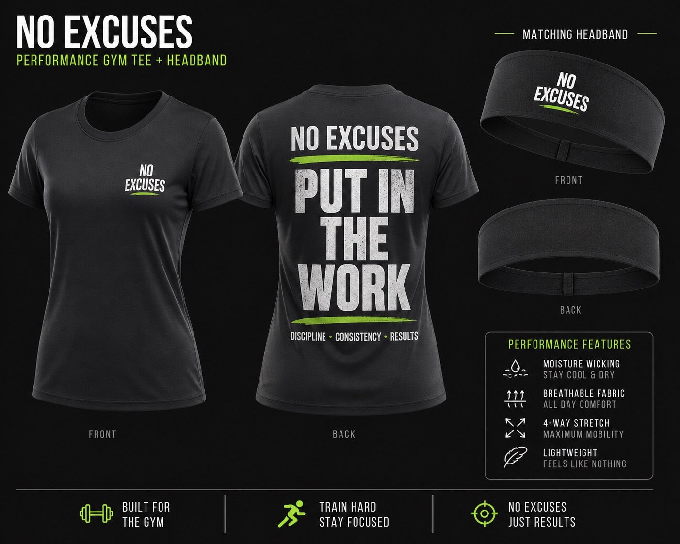 Black gym tee and headband set with 'No Excuses' text on a black background