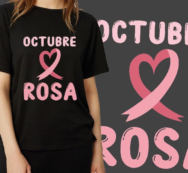 A woman wearing a black short-sleeve T-shirt with a pink ribbon and the words 'OCTUBRE ROSA' printed on the front, shown against a dark gray background with a larger matching graphic.