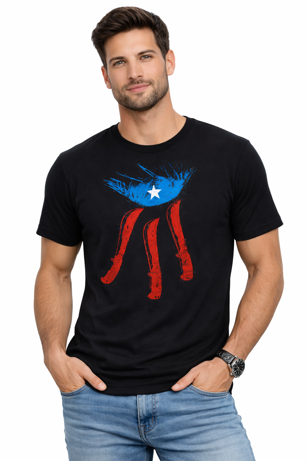 Black t-shirt with Puerto Rican flag and machete design, Jíbaro inspired Boricua pride graphic tee for men and women