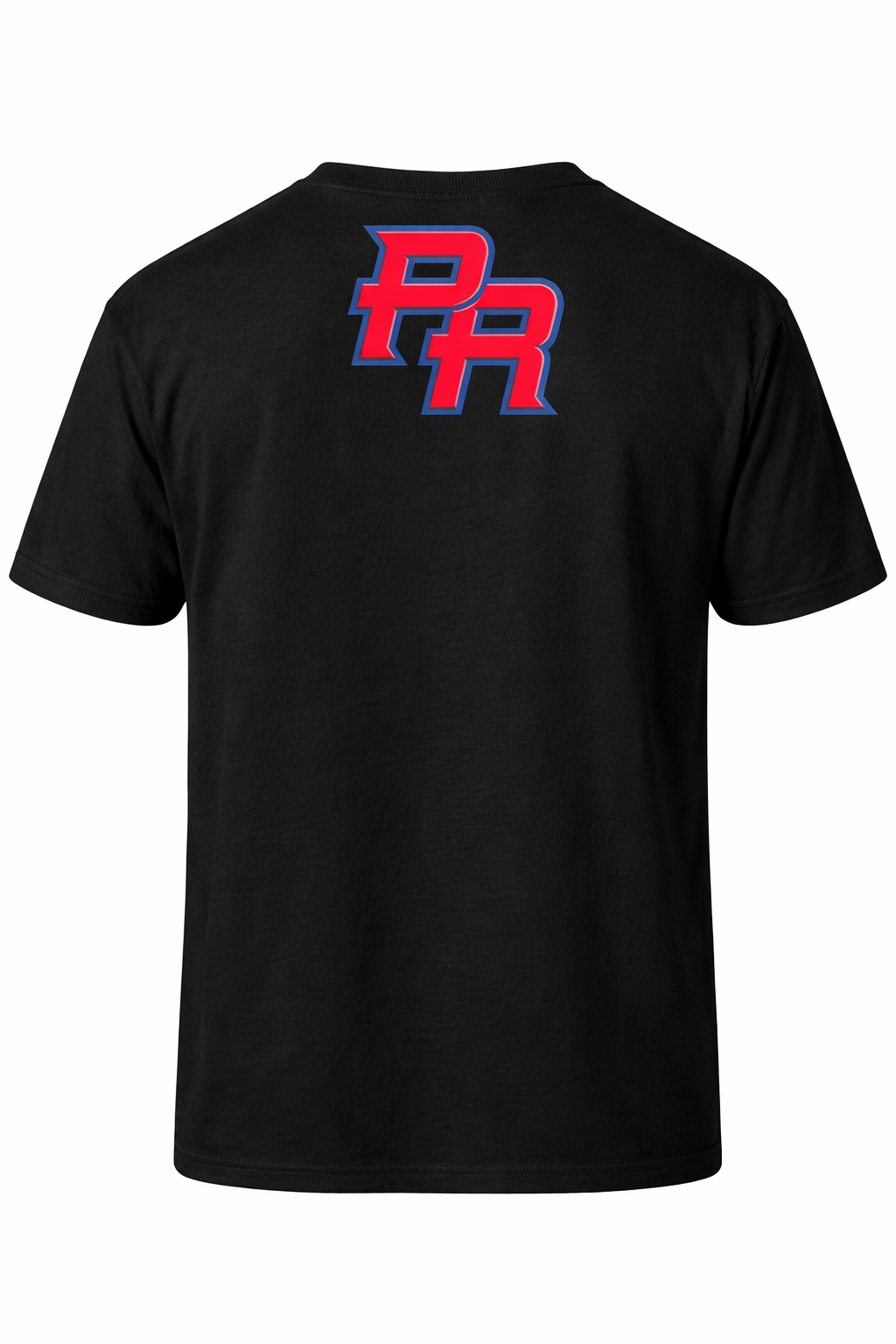 Black t-shirt with a PR Baseball logo on the back against a white background