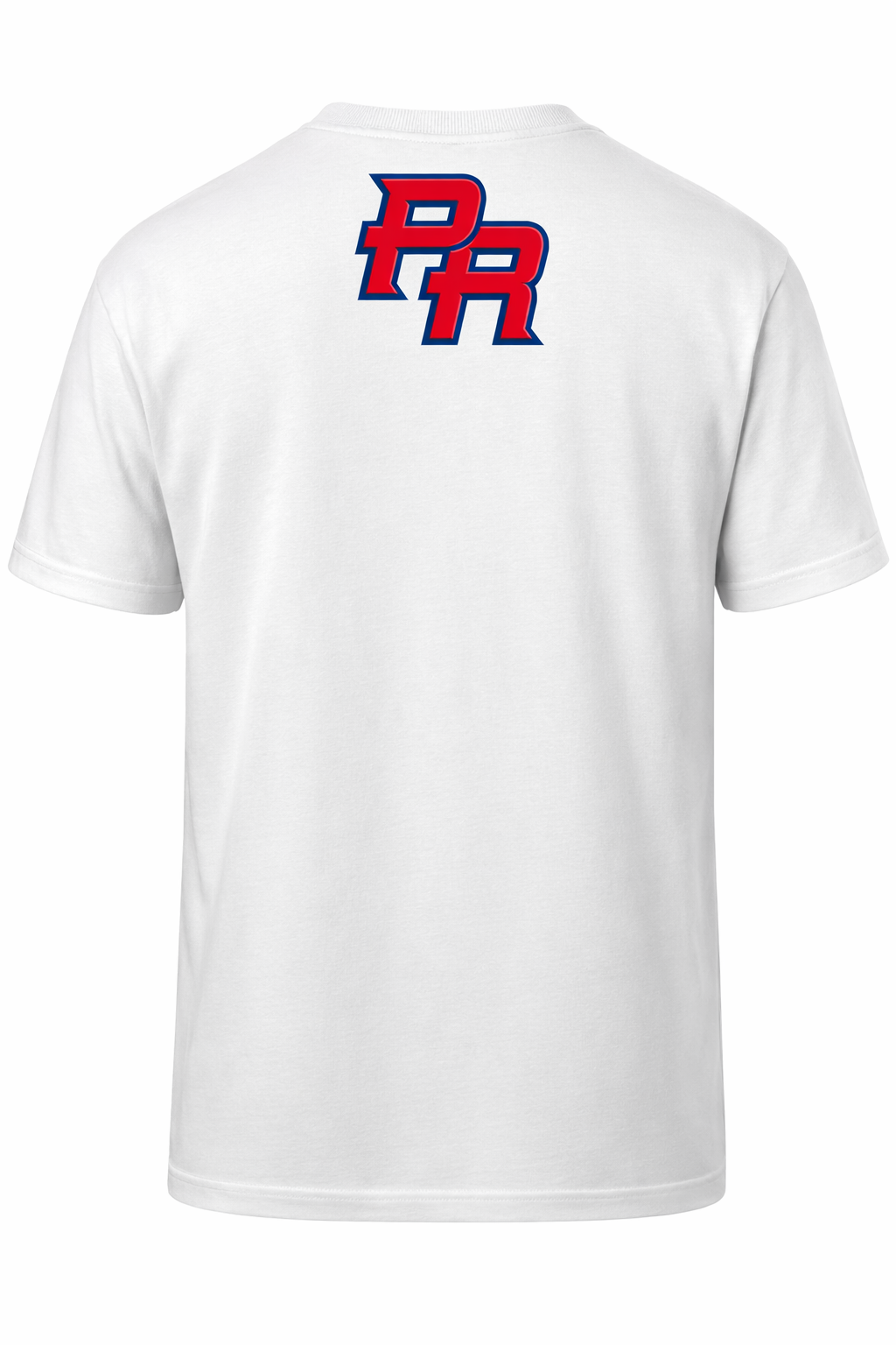 White t-shirt with PR Baseball logo on the back against a white background