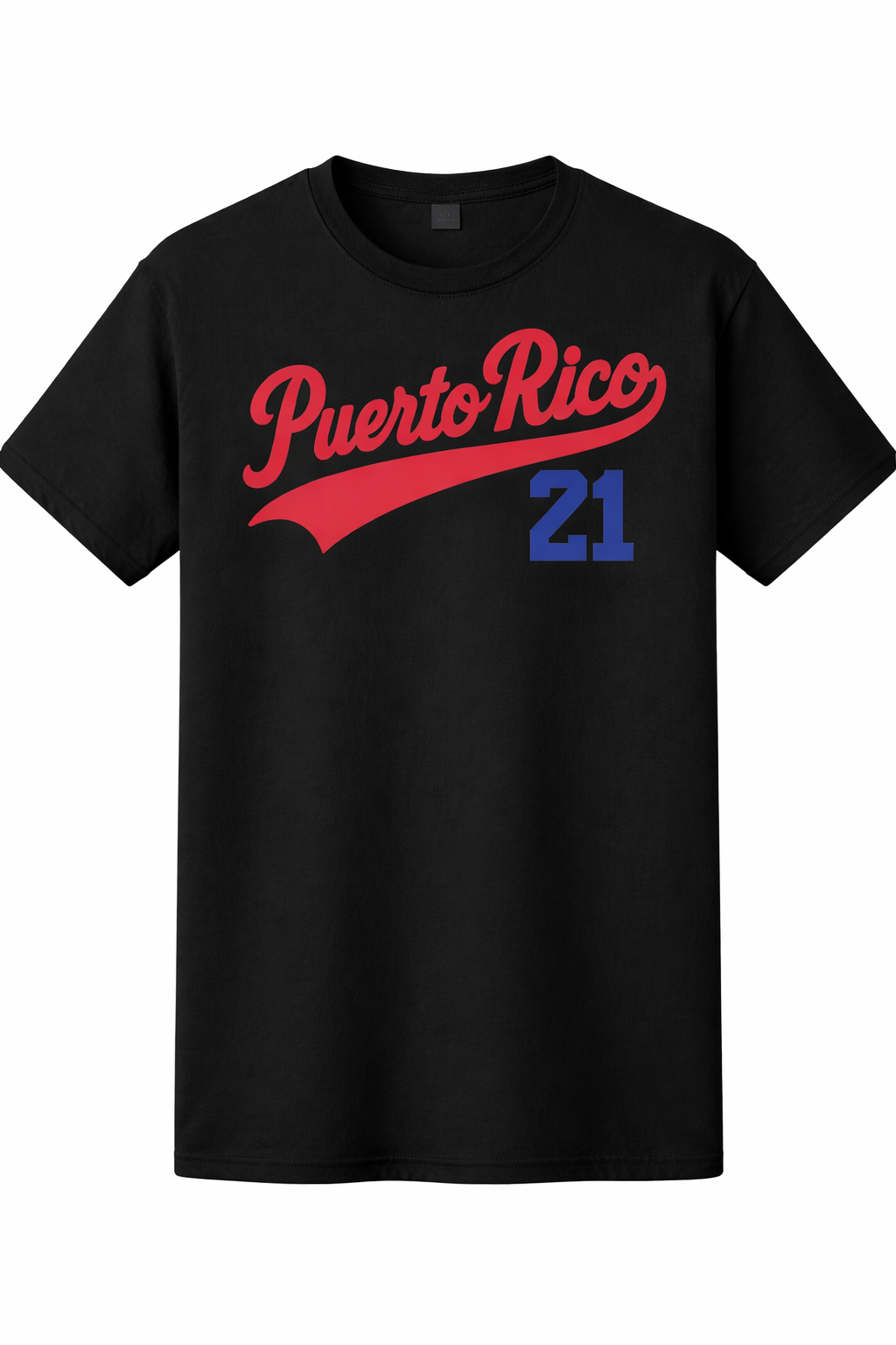 Black t-shirt with 'Puerto Rico 21' text in red and blue on a white background