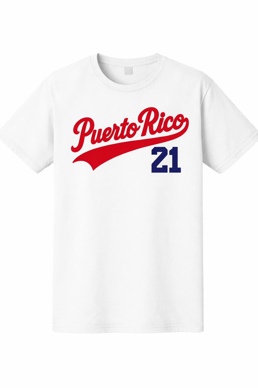 White t-shirt with 'Puerto Rico 21' text in red and blue on a white background