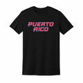 Black t-shirt with 'PUERTO RICO' printed in red and pink on a white background