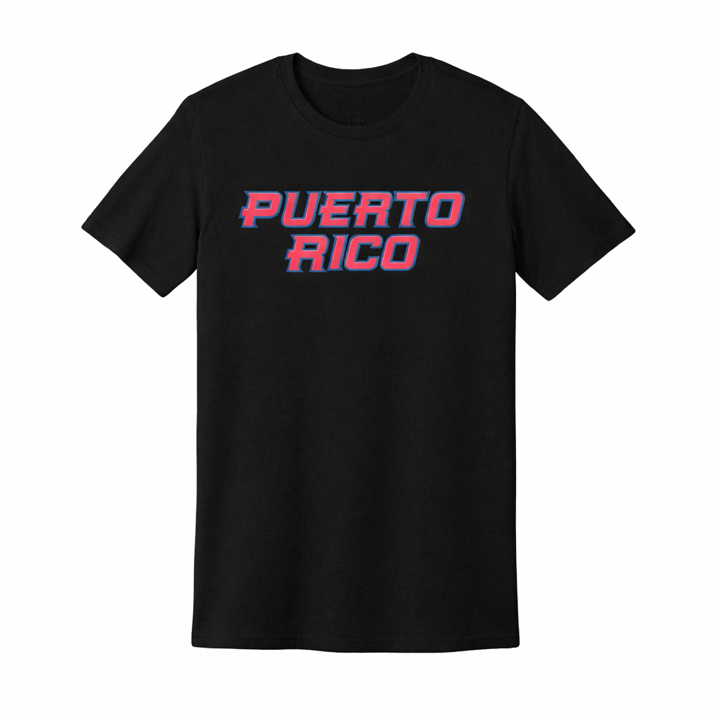 Black t-shirt with 'PUERTO RICO' printed in red and pink on a white background