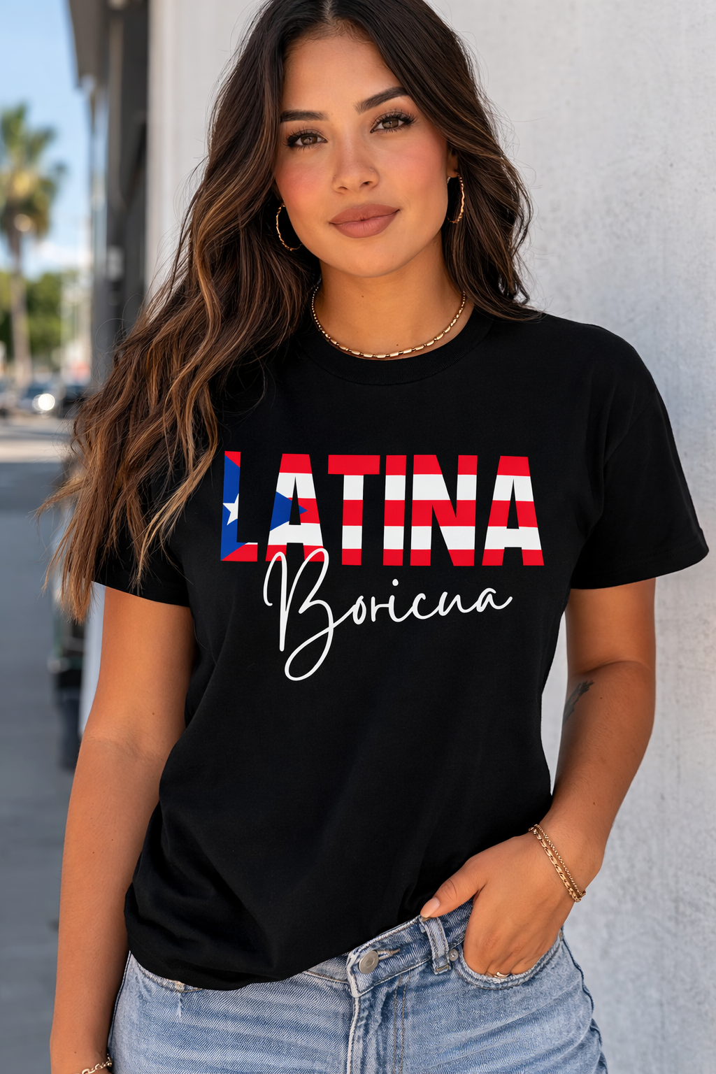Woman wearing a black Puerto Rican design T-Shirt Latina Text 