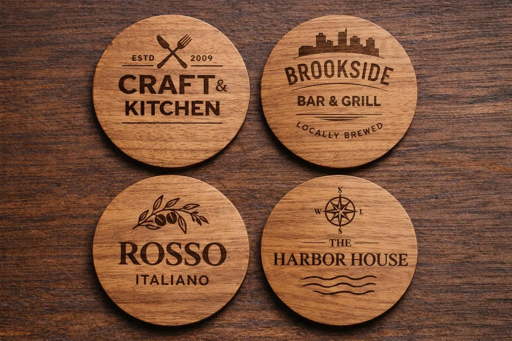 Four wooden coasters with engraved restaurant names on a wooden surface