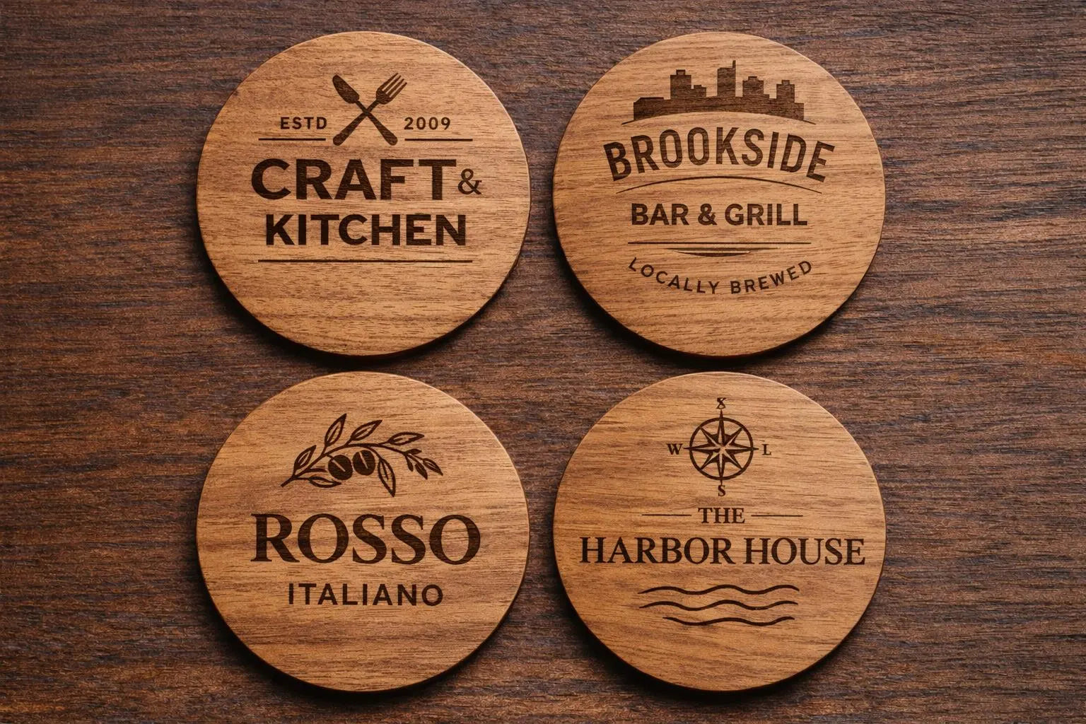 Four wooden coasters with engraved restaurant names on a wooden surface