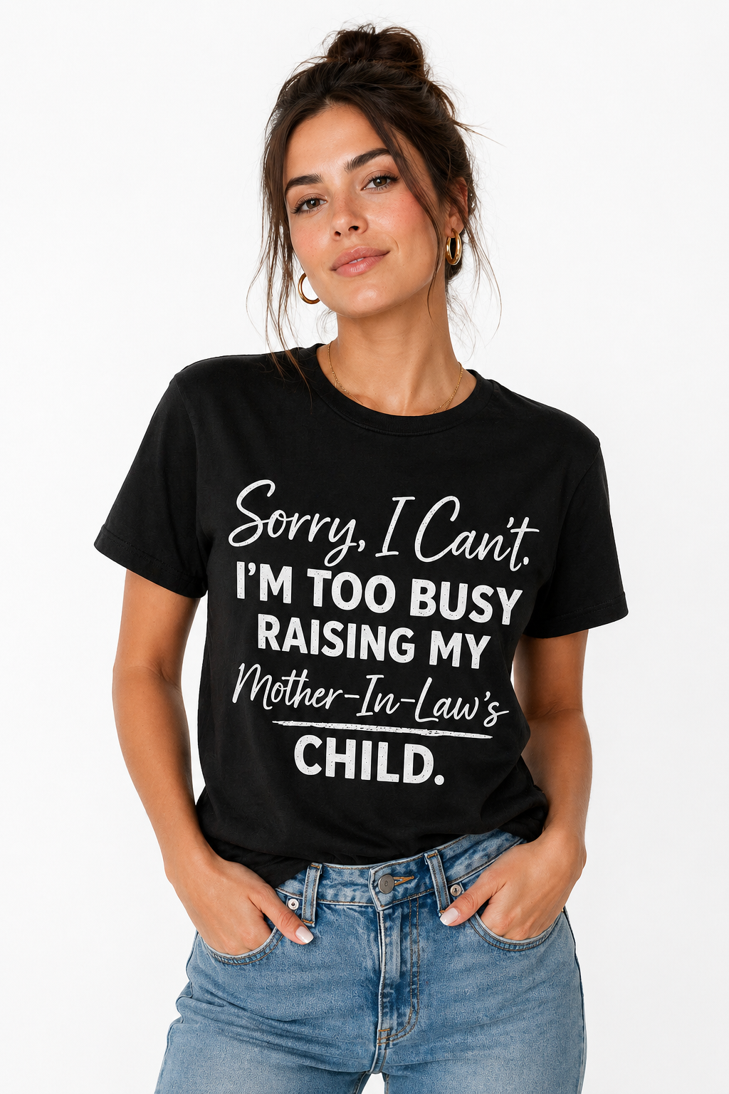 Woman wearing a black t-shirt with humorous text design on a plain background