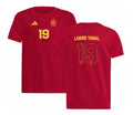 A red Spain national team soccer jersey shown from both the front and back. The front features the yellow Adidas logo, the Spain crest, and the number 19.