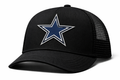 Black trucker cap with a blue star logo on a white background