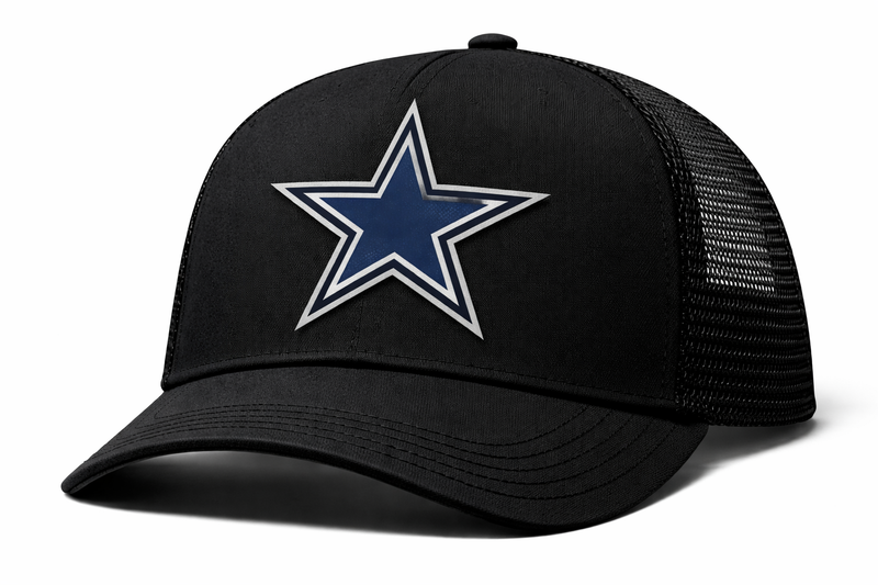 Black trucker cap with a blue star logo on a white background